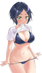 Rule 34 | 1girl, aimobake, bikini, bikini pull, clothes in mouth, clothes pull, cowboy shot, hayami kanade, highres, idolmaster, idolmaster cinderella girls, mouth hold, navel, shirt, shirt in mouth, short hair, simple background, solo, stomach, swimsuit, t-shirt, underwear, white background, yellow eyes