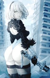 Rule 34 | 1girl, 2b (nier:automata), aboleuk, artist name, ass, back cutout, boots, breasts, clothing cutout, commentary, curvy, day, feather trim, gloves, hairband, highleg, highleg leotard, highres, holding, holding sword, holding weapon, huge ass, leotard, lips, long sleeves, looking at viewer, looking back, medium breasts, mole, mole under mouth, nier:automata, nier (series), outdoors, puffy sleeves, shiny skin, short hair, sword, thigh boots, thighhighs, thighs, virtuous contract, weapon, white hair, wide hips