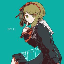 Rule 34 | 1girl, black dress, blush stickers, commentary request, cowboy shot, danganronpa (series), danganronpa another episode: ultra despair girls, dated, dress, frills, from side, green background, green eyes, green hair, hairband, hand up, index finger raised, kiri (2htkz), long sleeves, looking at viewer, medium hair, red hairband, ribbon, simple background, smile, solo, towa monaca