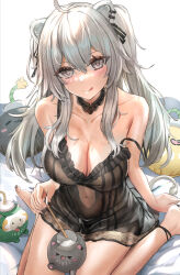 Rule 34 | 1girl, ahoge, animal ears, bare shoulders, barefoot, black nails, black nightgown, blush, breasts, cleavage, collarbone, ear piercing, grey eyes, grey hair, hair between eyes, himonoata, hololive, large breasts, lingerie, lion ears, lion girl, lion tail, long hair, looking at viewer, multicolored hair, navel, nightgown, on bed, piercing, see-through, see-through cleavage, shishiro botan, smile, solo, ssrb (shishiro botan), strap slip, streaked hair, tail, tongue, tongue out, underwear, virtual youtuber