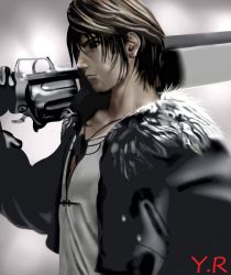 Rule 34 | 1990s (style), 1boy, absurdres, black jacket, brown hair, dissidia final fantasy, earrings, final fantasy, final fantasy viii, frown, fur collar, gloves, gunblade, highres, jacket, jewelry, male focus, necklace, retro artstyle, shirt, short hair, simple background, solo, squall leonhart, sword, weapon, white shirt, yuuri-622