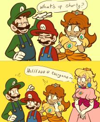 Rule 34 | 2boys, 2girls, annoyed, breasts, brooch, brown hair, crown, dress, earrings, facial hair, flower earrings, friends, gloves, grin, hat, highres, jewelry, laughing, long hair, looking at another, luigi, mario, mario (series), medium breasts, multiple boys, multiple girls, mustache, nintendo, orange dress, overalls, pink dress, princess daisy, princess peach, puffy short sleeves, puffy sleeves, short sleeves, smile, standing