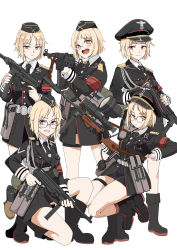 Rule 34 | 1girl, absurdres, aiming, ammunition pouch, armband, belt, bespectacled, black footwear, black hat, black jacket, black necktie, black socks, blonde hair, boots, bottomless, closed mouth, collar tabs, collared shirt, crazy, cross-laced footwear, epaulettes, explosive, expressions, frown, garrison cap, gas mask canister, girls&#039; frontline, glasses, grenade, gun, gun sling, hat, highres, holding, holding gun, holding weapon, infrared, insignia, jacket, jumping, kneeling, korean commentary, lace-up boots, lanyard, leaning, light blush, long sleeves, looking at viewer, looking away, looking to the side, midair, military hat, military jacket, mp40, mp40 (girls&#039; frontline), mp41, necktie, night-vision device, night vision device, on one knee, open mouth, optical sight, parted lips, peaked cap, pouch, red armband, red eyes, red socks, reichsadler, round eyewear, shirt, shoelaces, short hair, sight (weapon), simple background, sleeve cuffs, sling (weapon), smile, socks, solo, standing, stielhandgranate, submachine gun, thermal weapon sight, thigh strap, upper body, wani (perfect han), weapon, white background, white belt, white shirt, zg 1229 vampir