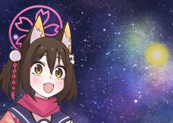 1girl :d absurdres animal_ear_fluff animal_ears blue_archive blue_sailor_collar blush brown_hair close-up commentary_request eyes_visible_through_hair eyeshadow fang fox_ears fox_girl fox_hair_ornament hair_between_eyes hair_ornament halo highres izuna_(blue_archive) izunasuki_art makeup medium_hair one_side_up open_mouth pink_halo pink_scarf pom_pom_(clothes) pom_pom_hair_ornament sailor_collar scarf school_uniform serafuku skin_fang smile solo space straight_hair tareme wide-eyed yellow_eyes