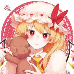 Rule 34 | 1girl, absurdres, animal ears, ascot, bear ears, blonde hair, blush, bow, closed mouth, crystal, dress, flandre scarlet, hair between eyes, hands up, hat, hat bow, highres, jewelry, looking at viewer, mob cap, multicolored wings, nail polish, one side up, polka dot, polka dot background, puffy short sleeves, puffy sleeves, red background, red bow, red dress, red eyes, red nails, shirt, short hair, short sleeves, solo, somei ooo, stuffed animal, stuffed toy, tears, teddy bear, touhou, toy, upper body, white background, white hat, white shirt, white sleeves, wings, yellow ascot
