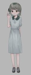 Rule 34 | 1girl, absurdres, arm behind back, brown eyes, collared dress, commentary request, dress, full body, grey background, grey dress, grey footwear, grey hair, hand up, hatoba tsugu, highres, light blush, looking at viewer, medium hair, mimizu ningen, mole, mole under eye, open mouth, short sleeves, simple background, single hair ring, smile, solo, standing, tsugu (vtuber), virtual youtuber, waving