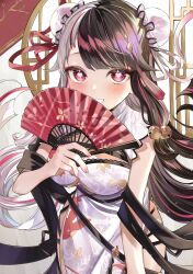 Rule 34 | 1girl, animal print, bell, black hair, blush, breasts, bun cover, chest strap, china dress, chinese clothes, cleavage, clothing cutout, dot nose, double bun, dress, eyeshadow, floral print dress, folding fan, hair bell, hair bun, hair ornament, hand fan, heart, heart in eye, highres, holding, holding fan, jingle bell, lace trim, large breasts, long hair, looking at viewer, makeup, multicolored hair, multicolored ribbon, nail, nijisanji, official alternate costume, official alternate hairstyle, open mouth, pelvic curtain, pink hair, print dress, rabbit print, red eyes, red eyeshadow, ribbon, shunka tunacan, smile, solo, split-color hair, streaked hair, symbol in eye, tassel, tassel hair ornament, two-tone hair, underboob cutout, very long hair, virtual youtuber, white dress, white hair, yorumi rena, yorumi rena (10th costume)