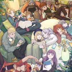 Rule 34 | 5boys, 6+girls, ^ ^, absurdres, ambrosia (dungeon meshi), andretown, basilisk, bean bag chair, beanie, beret, black eyes, black jacket, black pants, blonde hair, blue eyes, blue hat, blue hoodie, blue pants, blunt bangs, book, bookshelf, bottle, braid, brown eyes, brown hair, brown pants, brown sweater, brown vest, calendar (object), can, candle, candy, candy wrapper, cellphone, charger, charging device, chilchuck tims, closed eyes, coffee mug, cola, commentary request, contemporary, couch, crossed legs, crossover, cup, cushion, dark-skinned male, dark skin, dated, denken (sousou no frieren), desk lamp, drink can, drinking straw, dryad fruit (dungeon meshi), dungeon meshi, dwarf, earbuds, earphones, earrings, eisen (sousou no frieren), elf, fake horns, falin touden, fern (sousou no frieren), flower, flower pot, food, french braid, frieren, frown, giant frog (dungeon meshi), glass bottle, golem, green eyes, green scarf, grey hair, grey sweater, hair ornament, hair ribbon, hairclip, halfling, hat, headphones, headphones around neck, heiter, highres, himmel (sousou no frieren), hood, hoodie, horned headwear, horns, hot chocolate, ipad, jacket, jewelry, kanne (sousou no frieren), kelpie, laios touden, lamp, lawine (sousou no frieren), living armor (dungeon meshi), log, lollipop, long hair, lying, marcille donato, medium hair, mug, multiple boys, multiple girls, necklace, nintendo switch, nintendo switch lite, on back, on couch, open mouth, pants, parted bangs, phone, photo (object), picture frame, pink flower, plaid, plant, plastic bottle, pointy ears, ponytail, potted plant, purple eyes, purple hair, ramune, red flower, red hair, red hoodie, red ribbon, red shirt, ribbon, scarf, senshi (dungeon meshi), serie (sousou no frieren), shared blanket, shirt, short hair, sidelocks, sideways glance, signature, sitting, sleeves rolled up, smartphone, smile, snack, socks, soda bottle, sousou no frieren, stark (sousou no frieren), steam deck, sticky note, sweater, swept bangs, tablet pc, television, thistle (dungeon meshi), turtleneck, turtleneck sweater, twin braids, twintails, under covers, vest, walking mushroom (dungeon meshi), watch, when you see it, white flower, white hair, white hoodie, white jacket, white shirt, white socks, white sweater, wristwatch, yellow eyes, yellow flower