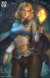 Rule 34 | absurdres, blonde hair, blue eyes, blue tunic, blush, braid, breasts, cape, cowboy shot, fire, hair ornament, hairclip, highres, holding, holding torch, lips, medium breasts, nintendo, nopeys, parted bangs, parted lips, pointy ears, princess zelda, short hair, the legend of zelda, the legend of zelda: breath of the wild, the legend of zelda: tears of the kingdom, torch