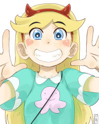 Rule 34 | 1girl, blonde hair, blue eyes, blush stickers, fake horns, grin, hairband, heart, horns, long hair, satsuyo, simple background, smile, solo, star butterfly, star vs the forces of evil, white background