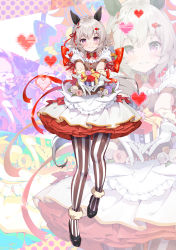Rule 34 | 1girl, animal ears, black footwear, bow, box, braid, brown pantyhose, commentary request, curren chan (umamusume), dress, flower, full body, gift, gift box, gloves, grey hair, hair between eyes, hair ornament, heart, heart hair ornament, highres, holding, holding gift, horse ears, horse girl, horse tail, looking at viewer, outstretched arms, pantyhose, parted lips, pilokey, pink flower, pink rose, pleated dress, puffy short sleeves, puffy sleeves, purple eyes, red bow, rose, shoes, short sleeves, smile, solo, striped clothes, striped pantyhose, tail, umamusume, vertical-striped clothes, vertical-striped pantyhose, white dress, white gloves, zoom layer
