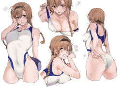 Rule 34 | 1girl, aged up, ass, black headband, blue eyes, blush, braid, breasts, brown hair, cleavage, collarbone, competition swimsuit, embarrassed, from behind, hair ornament, hand on own cheek, hand on own face, headband, inusaka, kantai collection, large breasts, leaning forward, long hair, looking at viewer, multiple views, oekaki, off shoulder, one-piece swimsuit, propeller hair ornament, simple background, smile, spoken squiggle, squiggle, swimsuit, teruzuki (kancolle), twin braids, white background