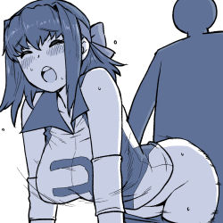 Rule 34 | 1boy, 1girl, bent over, blush, breasts, clothed sex, clothes pull, elbow pads, closed eyes, girls und panzer, greyscale, headband, highres, kondou taeko, large breasts, monochrome, onsen tamago (hs egg), open mouth, sex, sex from behind, shirt, shorts, shorts pull, silhouette, sportswear, sweat, volleyball uniform, white background