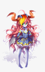 Rule 34 | 1girl, ahoge, blonde hair, blue skin, blue thighhighs, colored skin, curly hair, demon wings, dress, flat chest, gloves, green eyes, hands on own hips, hera (p&amp;d), hong (white spider), horns, jewelry, long hair, low wings, multicolored hair, necklace, pigeon-toed, pointy ears, puzzle &amp; dragons, red hair, solo, sparkle, thighhighs, two-tone hair, very long hair, wings