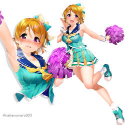 Rule 34 | 1girl, absurdres, arm up, armpits, blush, bow, breasts, brown hair, cheerleader, full body, green footwear, green skirt, hair bow, highres, koizumi hanayo, legs, looking at viewer, love live!, love live! school idol project, medium breasts, nakano maru, open mouth, pom pom (cheerleading), purple eyes, shoes, short hair, simple background, skirt, sleeveless, smile, solo, standing, standing on one leg, thighs, white background