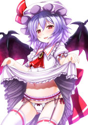 Rule 34 | 1girl, absurdres, ascot, bat wings, blush, bow, bow panties, clothes lift, ebi 193, fang, garter belt, garter straps, hat, highres, light purple hair, navel, open mouth, panties, red eyes, remilia scarlet, short hair, simple background, skirt, skirt lift, smile, solo, thighhighs, touhou, underwear, upskirt, white panties, white thighhighs, wings