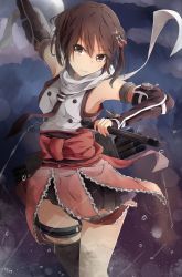 Rule 34 | 10s, 1girl, black thighhighs, blush, brown eyes, brown hair, buttons, cloud, fishnets, frills, hair ornament, holding, holding weapon, jenson tw, kantai collection, long hair, miniskirt, necktie, pleated skirt, scarf, sendai (kancolle), sendai kai ni (kancolle), short hair, single thighhigh, skirt, sky, sleeveless, smile, solo, tassel, thigh gap, thigh strap, thighhighs, torpedo, two side up, water drop, weapon