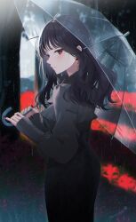 Rule 34 | 1girl, black dress, black hair, blurry, blurry background, closed mouth, commentary request, depth of field, dress, flower, from side, highres, holding, holding umbrella, long hair, long sleeves, looking at viewer, looking to the side, myusha, nail polish, original, puffy long sleeves, puffy sleeves, rain, red eyes, red nails, sleeves past wrists, solo, spider lily, transparent, transparent umbrella, umbrella