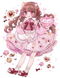 Rule 34 | 1girl, :p, animal ears, apron, biscuit (bread), blush, bow, bow earrings, bowl, brown hair, cat ears, checkerboard cookie, collared dress, cookie, cross-laced clothes, cross-laced sleeves, dress, earrings, flower, food, food print, footwear bow, frilled dress, frills, hair ribbon, heart-shaped cookie, highres, holding, holding bowl, holding whisk, jewelry, kohaku aozora, long hair, long sleeves, low twintails, multicolored hair, multiple earrings, neck ribbon, original, pink eyes, pink hair, ribbon, smile, socks, solo, streaked hair, thumbprint cookie, tongue, tongue out, twintails, two-tone hair, valentine, very long hair, whisk