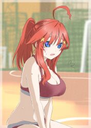 Rule 34 | 1girl, ahoge, bare shoulders, blue eyes, breasts, cleavage, collarbone, go-toubun no hanayome, hair ornament, highres, large breasts, long hair, midriff, mitsugu, nakano itsuki, open mouth, ponytail, red sports bra, short shorts, shorts, sidelocks, soccer field, solo, sports bra, sportswear, star (symbol), star hair ornament, stomach, sweat, thighs, upper body