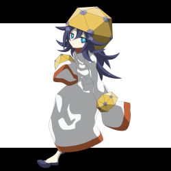 Rule 34 | 1girl, black footwear, black hair, blue eyes, bright pupils, closed mouth, commentary request, creatures (company), dottler, flats, full body, game freak, gen 8 pokemon, grey robe, hair between eyes, highres, letterboxed, long hair, long sleeves, looking at viewer, nintendo, outside border, personification, pokemon, robe, shimaumayamada, sleeves past fingers, sleeves past wrists, solo, white background, white pupils