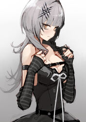 Rule 34 | black dress, black hair, black nails, breasts, cleavage, detached sleeves, dress, grey background, grey hair, hair ornament, highres, hololive, hololive english, large breasts, long hair, looking at viewer, nail polish, punished pigeon, shiori novella, shiori novella (1st costume), simple background, upper body, virtual youtuber, yellow eyes