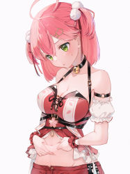 Rule 34 | 1girl, absurdres, ahoge, belly grab, blush, breasts, detached sleeves, green eyes, hair between eyes, hair ornament, highres, hololive, large breasts, looking down, medium hair, midriff, navel, pink hair, pom pom (clothes), pom pom hair ornament, red shirt, runlan 0329, sakura miko, sakura miko (work), shirt, short sleeves, simple background, solo, two side up, upper body, virtual youtuber, weight conscious, white background, wrist cuffs