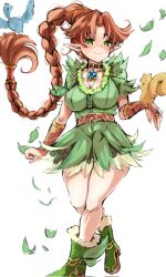 Rule 34 | 1girl, 2others, bird, blue bird, brown hair, earrings, full body, green eyes, green footwear, highres, jewelry, leaf, long hair, multiple others, panel de pon, pointy ears, ponytail, squirrel, teana (panel de pon), white background, yuu cream