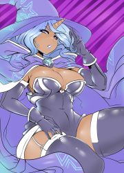 Rule 34 | 1girl, blue hair, breasts, cape, dark-skinned female, dark skin, elbow gloves, garter straps, gloves, hat, highres, horns, large breasts, maniacpaint, my little pony, my little pony: friendship is magic, personification, purple eyes, single horn, solo, thick thighs, thighhighs, thighs, trixie lulamoon, wizard hat