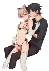 Rule 34 | 2boys, 8c, animal ears, arched back, bar censor, bare shoulders, black hair, black pants, black shirt, blush, bow, bow panties, bra, cat boy, cat ears, censored, choker, closed mouth, collarbone, commentary, constricted pupils, cropped legs, crossdressing, crotchless, crotchless panties, cupless bra, denim, ear piercing, earrings, elbow gloves, embarrassed, erection, eye contact, eyelashes, frilled bra, frilled choker, frilled hairband, frilled panties, frills, front-tie top, frottage, gloves, grabbing, grabbing from behind, groin, hair between eyes, hairband, half-closed eyes, hand up, highleg, highleg panties, highres, invisible chair, jeans, jewelry, leg between thighs, light brown hair, lips, long sleeves, looking at another, male focus, multiple boys, multiple earrings, narrow waist, navel, nipple stimulation, nipple tweak, nipples, nose blush, original, panties, pants, parted lips, penis, penis in panties, petite, piercing, pointless censoring, purple eyes, raised eyebrows, red choker, red panties, ribbon choker, sanpaku, shiny skin, shirt, shirt grab, short hair, side-tie panties, simple background, sitting, sitting on person, skindentation, strap slip, stud earrings, testicles, thighhighs, transparent censoring, underwear, underwear only, white background, white gloves, white thighhighs, yaoi