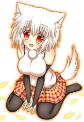 Rule 34 | 1girl, animal ears, black pantyhose, blush, breasts, contemporary, fang, fingerless gloves, gloves, heart, heart-shaped pupils, hestia (neko itachi), inubashiri momiji, large breasts, looking at viewer, no headwear, no headwear, open mouth, pantyhose, pom pom (clothes), red eyes, shirt, short hair, silver hair, sitting, skirt, smile, solo, symbol-shaped pupils, tail, touhou, v arms, wolf ears, wolf tail