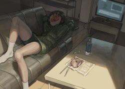 Rule 34 | 1girl, bike shorts, bob cut, bottle, chopsticks, coat, couch, faceless, green coat, guro, indoors, lying, on couch, original, shelf, socks, table, television, tensen (dotted line), water bottle, what, wooden floor