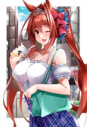 Rule 34 | 1girl, animal ears, bare shoulders, blush, breasts, brown hair, cleavage, collarbone, commentary request, daiwa scarlet (umamusume), fang, hair intakes, highres, horse ears, horse girl, horse tail, impossible clothes, large breasts, long hair, looking at viewer, open mouth, red eyes, revision, sezok, smile, tail, tiara, twintails, umamusume, very long hair
