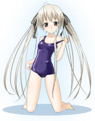 Rule 34 | 1girl, bad id, bad pixiv id, barefoot, beniimo, black eyes, clothes pull, collarbone, flat chest, kasugano sora, kneeling, long hair, looking at viewer, mihamimo, one-piece swimsuit, one-piece swimsuit pull, pulled by self, school swimsuit, silver hair, solo, strap slip, swimsuit, twintails, yosuga no sora