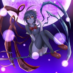 Rule 34 | 1girl, ass, asymmetrical wings, black hair, black thighhighs, female focus, full body, houjuu nue, legs, moon, outdoors, polearm, red eyes, shoes, short hair, sitting, sky, solo, suterii, thighhighs, touhou, weapon, wings, zettai ryouiki
