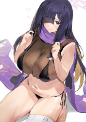 Rule 34 | 1girl, bandages, bare shoulders, barefoot, bikini, black bikini, blue archive, blush, breasts, cleavage, closed mouth, curvy, fishnets, from above, hair over one eye, ikuchan kaoru, large breasts, long hair, lop rabbit ears, navel, original, purple eyes, purple scarf, rabbit ears, scarf, see-through, see-through cleavage, sitting, solo, swimsuit, thighs, tsukuyo (blue archive), white background