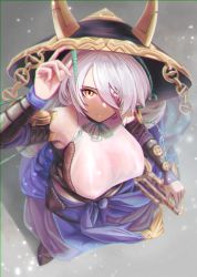 Rule 34 | 1girl, absurdres, blue skirt, breasts, chromatic aberration, covered erect nipples, detached sleeves, duel monster, from above, hand on hilt, hat, highres, jingasa, large breasts, long hair, looking up, nidonenitukiru9, ofuda, one eye covered, red eyes, see-through, see-through shirt, skirt, sword, the iris swordsoul, weapon, yu-gi-oh!