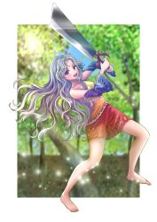 Rule 34 | 1girl, :d, barefoot, blue sky, blue sleeves, blurry, blurry background, border, bow, breasts, cleaver, dress, forest, full body, grey hair, highres, holding, holding knife, holding weapon, knife, kyabekko, long hair, looking at viewer, medium breasts, multicolored clothes, multicolored dress, nature, open mouth, orange dress, red bow, red dress, red eyes, sakata nemuno, single strap, sky, smile, solo, standing, touhou, tree, wavy hair, weapon, white border, yellow dress