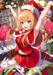 Rule 34 | 1girl, absurdres, animal, animal ear fluff, animal ears, arms up, balloon, blue archive, blue eyes, blush, capelet, christmas, christmas ornaments, christmas tree, hat, heart balloon, highres, long hair, mari (blue archive), merry christmas, navel, open mouth, orange hair, pleated skirt, pom pom (clothes), rabbit, red capelet, red hat, red skirt, santa costume, santa hat, skirt, smile, solo, wakum
