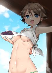Rule 34 | 10s, 1girl, alternate costume, aqua eyes, armpits, bad food, bad id, bad pixiv id, bare shoulders, bikini, bikini bottom only, blue eyes, breasts, brown hair, buta tamako, cloud, cloudy sky, commentary request, crop top, crop top overhang, day, female focus, flipped hair, food, from below, groin, hiei (kancolle), highres, holding, holding plate, kantai collection, light brown hair, light particles, looking at viewer, looking down, medium breasts, navel, open clothes, open mouth, open shirt, outdoors, outstretched arm, panties, plate, shirt, short hair, sky, sleeves rolled up, solo, stomach, sweat, swept bangs, swimsuit, tied shirt, underboob, underwear, upper body, white shirt