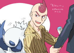 Rule 34 | 1boy, absol, black jacket, collarbone, collared shirt, commentary request, creatures (company), dated, elite four, fluffy, game freak, gen 3 pokemon, holding, jacket, long sleeves, male focus, nibo (att 130), nintendo, open mouth, pokemon, pokemon (creature), pokemon oras, red hair, shirt, short hair, sidney (pokemon), smile, teeth, tongue, translation request, yellow shirt