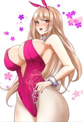Rule 34 | 1girl, :d, animal ears, blush, breasts, detached collar, fake animal ears, fake tail, goddess of victory: nikke, hand on own hip, highleg, highleg leotard, large breasts, leotard, light brown hair, long hair, official alternate costume, open mouth, pink eyes, pink leotard, playboy bunny, rabbit ears, rabbit tail, reiyz, sidelocks, smile, solo, strapless, strapless leotard, tail, viper (nikke), viper (toxic rabbit) (nikke), wrist cuffs