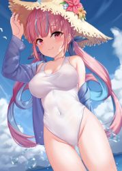 Rule 34 | 1girl, air bubble, bare shoulders, blue sky, blunt bangs, blush, bow, breasts, bubble, closed mouth, cloud, collarbone, covered navel, cowboy shot, day, drill hair, flower, gluteal fold, hair bow, hand up, hat, highres, hololive, jacket, long hair, long sleeves, looking at viewer, medium breasts, milkshakework, minato aqua, multicolored hair, navel, off shoulder, one-piece swimsuit, open clothes, open jacket, outdoors, pink hair, purple jacket, revision, sidelocks, sky, smile, solo, standing, swimsuit, thighs, twintails, two-tone hair, virtual youtuber, water, wet, white one-piece swimsuit