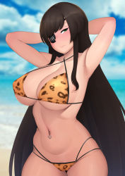 Rule 34 | 1girl, armpits, arms behind back, arms behind head, arms up, beach, bikini, black hair, blue sky, blurry, blurry background, blush, breasts, cleavage, closed mouth, cloud, counter:side, day, eyepatch, female pubic hair, green eyes, halterneck, highres, large breasts, lee jisoo, long hair, looking at viewer, moebell, multi-strapped bikini, navel piercing, ocean, official alternate costume, outdoors, piercing, pubic hair, sand, shore, sky, solo, swimsuit, thighs, underboob, very long hair, water