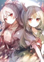 Rule 34 | 2girls, backlighting, bow, ex-keine, flat chest, fujiwara no mokou, hair bow, highres, kamishirasawa keine, light smile, long hair, looking at viewer, looking to the side, motion blur, multiple girls, pants, puffy short sleeves, puffy sleeves, red eyes, red pants, shiba 0007, shirt, short sleeves, suspenders, touhou, very long hair, white bow, wing collar