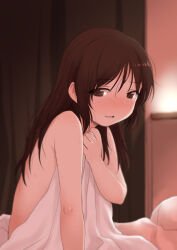 Rule 34 | 1girl, blush, brown eyes, brown hair, covering privates, covering with blanket, highres, idolmaster, idolmaster cinderella girls, implied after sex, indoors, long hair, looking at viewer, nude cover, parted lips, sakaki imasato, sitting, smile, solo, sweat, tachibana arisu