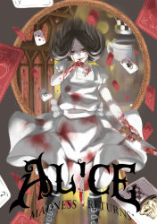 Rule 34 | 1girl, absurdres, alice: madness returns, alice (alice in wonderland), alice liddell (american mcgee&#039;s alice), american mcgee&#039;s alice, american mcgee's alice, black hair, blood, bloody knife, card, cheshire cat (alice in wonderland), dress, highres, knife, long hair, looking at viewer, mad hatter (alice in wonderland), socks, solo, striped clothes, striped legwear, striped socks, weapon, white rabbit (alice in wonderland)