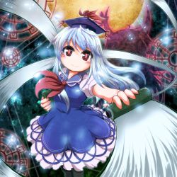 Rule 34 | 1girl, blue background, blue hair, book, circle, different shadow, dress, ex-keine, foreshortening, full moon, hat, highres, kamishirasawa keine, light particles, light trail, long hair, looking at viewer, moon, outstretched arm, pantyhose, puffy short sleeves, puffy sleeves, red eyes, ribbon, scroll, short sleeves, smile, solo, sore (whirlwind), touhou