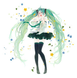 Rule 34 | 1girl, 72 (nananatsu), bare shoulders, clover, detached sleeves, closed eyes, flower, green hair, hatsune miku, long hair, necktie, open mouth, petals, revision, skirt, solo, thighhighs, twintails, very long hair, vocaloid