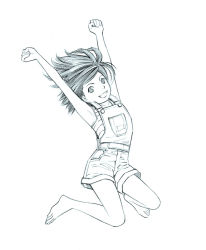Rule 34 | 1girl, barefoot, feet, jumping, monochrome, original, overalls, sketch, solo, traditional media, yoshitomi akihito